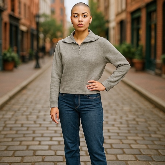 MERINO WOOL GRAY RIBBED QUARTER ZIP PULLOVER CROPPED SWEATER BACKSTAGE TEXTILES - Picture 1 of 16